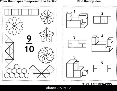 Deux énigmes mathématiques visuelles et des pages à colorier. Les formes de couleur pour représenter la fraction. Trouver la vue supérieure. Noir et blanc. Réponse inclus. Illustration de Vecteur