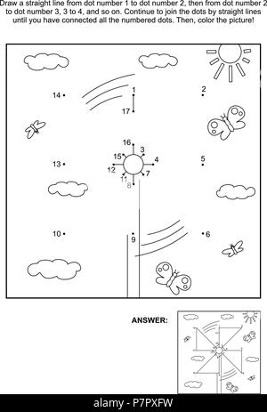 Relier les points photo puzzle et coloriage avec la roue crantée. Réponse inclus. Illustration de Vecteur