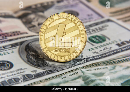 LITECOIN de pièce d'or sur les billets, close-up, Flou d'arrière-plan Banque D'Images