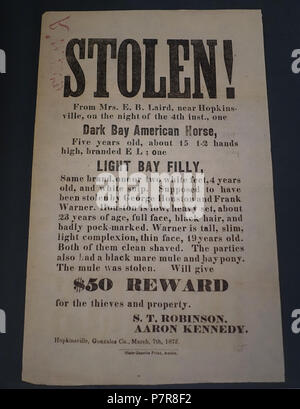 Anglais : Exposition dans le Lorenzo de Zavala State Archives et Bibliothèque Building - Austin, Texas, États-Unis. 17 novembre 2015, 16:06:24 Cougar 55 offrant récompense pour un cheval volé, comté de Gonzales, le 7 mars 1872 - Lorenzo de Zavala State Archives et Bibliothèque Building - Austin, Texas - DSC08366 Banque D'Images