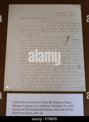 Anglais : Exposition dans le Lorenzo de Zavala State Archives et Bibliothèque Building - Austin, Texas, États-Unis. 17 novembre 2015, 16:09:12 244 Lettre de Gov. M. Elisha Pease pour ranger le capitaine J. H. Callahan, 10 octobre 1855 - Lorenzo de Zavala State Archives et Bibliothèque Building - Austin, Texas - DSC08380 Banque D'Images