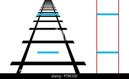 Ponzo illusion, illusion d'optique géométrique. Les deux lignes horizontales bleues sont de la même longueur. L'illustration. Banque D'Images