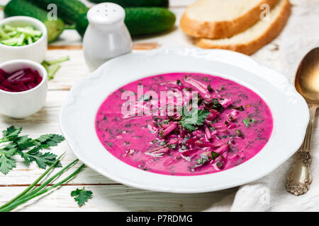 Frais d'été froide végétales traditionnelles soupe de betterave (betterave), concombre, aneth, persil, l'oignon vert, les œufs et la crème sure (kéfir). Holodnik. bor Banque D'Images
