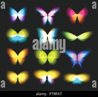 Logos isolés. set papillon Les ailes de papillons colorés lumineux, un mouvement dynamique, les effets de flou icons set. Abstract vector logos sur fond noir Illustration de Vecteur