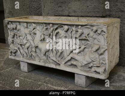 Sarcophage romain. Endymion et Séléné (Artemis). Le marbre, 2ème siècle AD. Musée Archéologique National, Naples. L'Italie. Banque D'Images