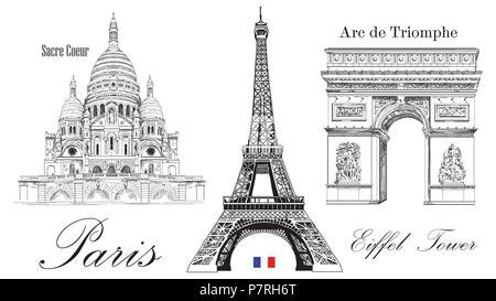 Vector Tour Eiffel, Arc de Triomphe et cathédrale du Sacré-Cœur. Vector dessin à la main libre isolé sur fond blanc Illustration de Vecteur