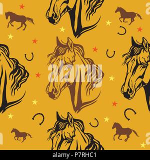 Vecteur coloré avec motif transparent stars, fers et des portraits dans le profil de cheval arabe, sur fond orange Illustration de Vecteur