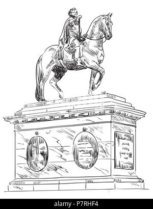 Frederik V sur l'statue, à la place d'Amalienborg à Copenhague, Danemark. Vue du Danemark. Dessin vectoriel illustration en couleur noir iso Illustration de Vecteur