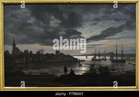 Johan Christian Dahl (1788-1857). Peintre norvégien. Larvik par Moonlight, 1839. Galerie nationale. Oslo. La Norvège. Banque D'Images