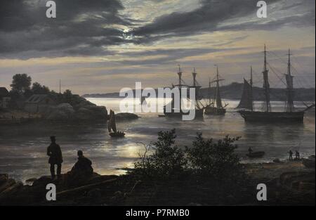 Johan Christian Dahl (1788-1857). Peintre norvégien. Larvik par Moonlight, 1839. Détail. Galerie nationale. Oslo. La Norvège. Banque D'Images