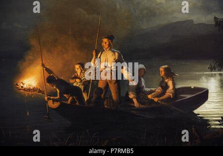 Adolph Tidemand (1814-1876) et Hans Gude (1825-1903). Norwegian peintres romantiques. La pêche au harpon en Kroderen le lac, 1851. Détail. Galerie nationale. Oslo. La Norvège. Banque D'Images