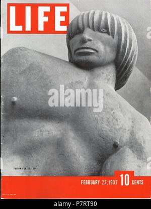 España. Guerra Civil (1936-1939). Portada de la revista Life editada en Estados Unidos en février 1937, conteniendo información sobre la marcha del conflicto bélico en Barcelone. Escultura de Triton. Banque D'Images