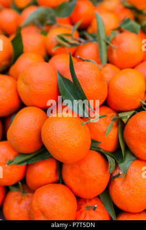 Mandarines fraîches avec des feuilles vertes sur un fruit market stall Banque D'Images