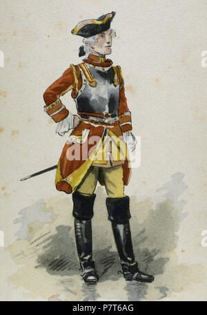L'Espagne. Des uniformes militaires. 18e siècle. Soldat du régiment de la Reine en 1766. La gravure. La couleur. Banque D'Images
