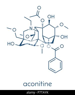 Molécule de l'aconitine. Toxine présente dans les plantes (monkshood Aconitum). Formule topologique. Illustration de Vecteur