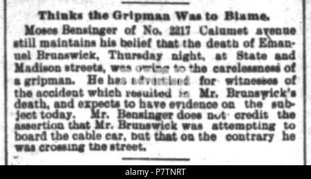 Deutsch : Anzeige über den Unfall Emanuel von Brunswick dans der Chicago Tribune vom 19. Dezember 1892. Anglais : Annonce dans le Chicago Tribune du 19 décembre 1892 de la Brunswick accident . 19 Décembre 1892 55 du Nouveau-Brunswick, Emanuel-Death annonce du 19 décembre 1892 dans le Chicago Tribune Banque D'Images