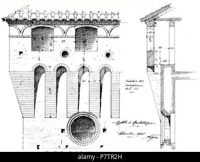 Italiano : Caditoie del padiglione sud est del Castello di Castellazzo Bormida (Castellazzo Novarese Molto probabile o Castellazzo Novarese Castellazzo). 62 septembre 1935 Castello di castellazzo caditoie del padiglione sud est Nigra fig IX Banque D'Images