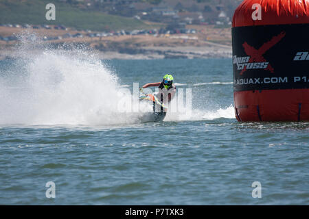 La plage de Newton, Porthcawl, Pays de Galles, 07 juillet,2018. Jet Ski raceing à la course nationale série de grande vitesse, l'adrénaline-paniers P1 Aqua Cross lors d'un jour glorieux Summers. William Andrew Crédit/Megicks Alamy Live News Banque D'Images