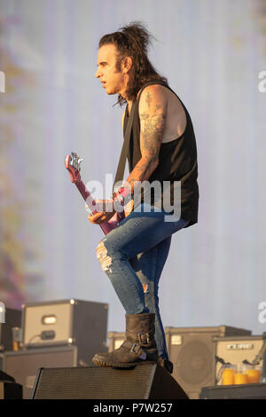 Hyde Park, Royaume-Uni. 7h de juillet 2018, le remède de la garniture de l'heure d'été à célébrer leur 40e anniversaire, avec Robert Smith, Simon Gallup, Roger O'Donnell UK.Hyde Park de Londres. © / Alamy Live News Banque D'Images