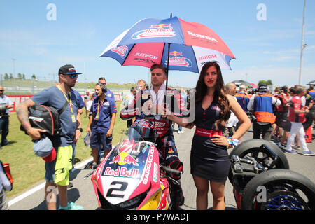 Misano, Italie. 8 juillet, 2018. 2 Leon Camier (2) GBR Honda CBR1000RR Honda Red Bull World Superbike au cours de l'équipe Superbike Championship FIM Motul - Ronde italienne dimanche au cours de la World Superbikes - PIRELLI Circuit Riviera di Rimini, ronde 6 - 8 juillet 2018 à Misano, en Italie. Crédit : Fabio Averna/Alamy Live News Banque D'Images