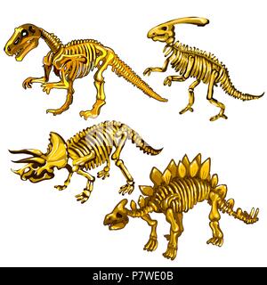 Jeu de squelettes de dinosaures en or. Souvenirs sous la forme de restes d'animaux préhistoriques isolé sur un fond blanc. Vector illustration. Illustration de Vecteur