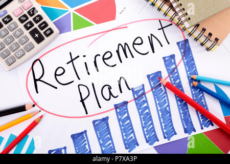 Le régime de retraite des mots écrits sur un graphique à barres à la main entouré de crayons, livres et Calculatrice. Banque D'Images