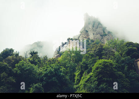 Montagnes près de l'Abbaye de Montserrat en Espagne. Des nuages et du brouillard. Des arbres sur les falaises. Vacances d'été dans les montagnes. Banque D'Images