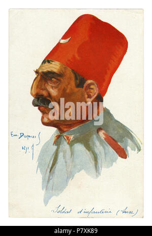 Carte postale historique français : portrait d'un soldat turc. Un homme avec une moustache dans un fez rouge. la première guerre mondiale 1914-1918. Empire Ottoman Banque D'Images