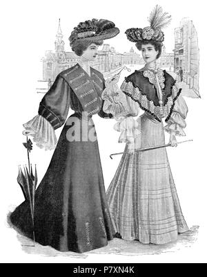 1904 vintage fashion illustration de deux dames en robes de style édouardien de jour. À partir de la Girl's Own Paper, 30 juillet 1904. Banque D'Images