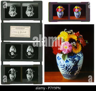 Anglais : UN Kromogram stéréoscopique par Frederic Eugene Ives (1856-1937), publié en 1897. Comme indiqué sur la gauche, il est composé de trois paires de transparent noir et blanc Photographies positives sur verre, montés dans des cadres en carton avec du ruban en tissu à charnière. Les images ont été photographiés par la top paire (rouge), deep blue (une paire moyenne) et vert (paire inférieure) des filtres de couleur. À voir en couleur, la Kromogram devaient être examinés par un Kromskop Ives (prononcé 'chrome-champ'), qui a utilisé des filtres de verre de couleur pour illuminer chaque paire d'images avec la couleur correcte de la lumière et transparence re Banque D'Images