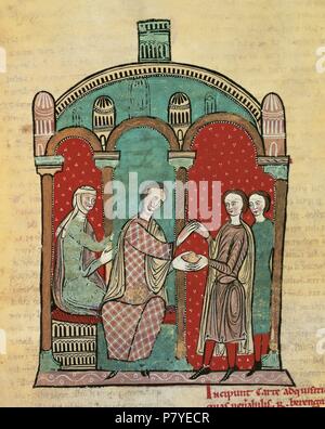 Ramon Berenguer i et son épouse, Almodis de la marche, en comptant les 2 000 onces de pièces d'or en paiement de William Raymond et Adelaide, comte et comtesse de Cerdagne, en échange de leurs droits sur carcassonne en 1067. Liber Feudorum Maior. Folio miniature 83 bis. 12e siècle. Banque D'Images