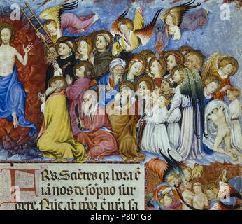 Le Jugement Universel, miniature du Missel de St Eulalia, manuscrit, Espagne 14-15ème siècle. Détail .34,3 x 26,5 cm. 1er folio. Capítol de la Catedral de Barcelona, Archivo Salle Capitulaire. Barcelone. Banque D'Images