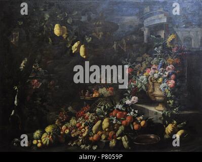 Abraham BRUEGHEL (1631-1697) et Giuseppe Ruoppolo ( ?-1710). Nature morte avec fruits et fleurs, 1680-85. Huile sur toile. Musée national de Capodimonte. Naples. L'Italie. Banque D'Images
