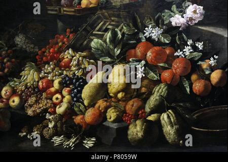Baroque. Abraham BRUEGHEL (1631-1697). Giuseppe Ruoppolo ( ?-1710). Nature morte avec fruits et fleurs, 1680-85. Détail. Huile sur toile. Musée national de Capodimonte. Naples. L'Italie. Banque D'Images