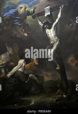 Luca Giordano (1634-1705). Peintre italien. Les Saints Patrons de Naples ornant le Crucifix, 17e siècle. Musée national de Capodimonte. Naples. L'Italie. Banque D'Images