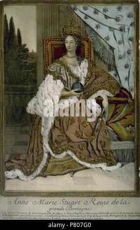 Anne I de Grande-Bretagne et l'Irlande (1665-1714). Reine d'Angleterre, d'Écosse et d'Irlande (1702-1714). Après l'union de l'Angleterre et l'Ecosse en 1707, Anne devient le premier souverain de Grande-Bretagne et la dernière de la maison de Stuart. Gravure en couleur. Banque D'Images