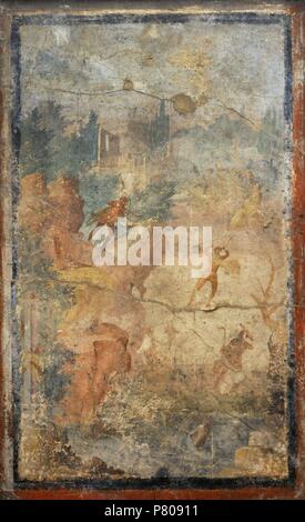 Fresque romaine, unique réplique du mythe de Marsias, représenté dans la narration continue. Athena, assis, joue de la double flûte, tandis qu'une nymphe lui montre un miroir. À gauche, Marsias observe la scène depuis un rocher. Dans le centre, il soumet à la punition d'Apollon, entouré de Muses. Première époque impériale. Pompéi. Musée Archéologique National. Naples. L'Italie. Banque D'Images