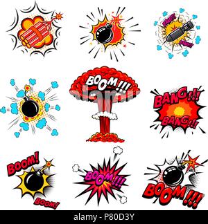 Ensemble de style bande dessinée, des bombes, des explosions de dynamite. L'élément de conception pour poster, carte, emblème, print, flyer, bannière. Vector illustration Illustration de Vecteur