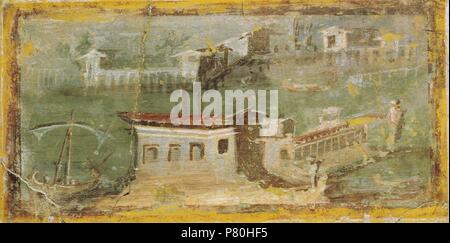 Roman fresque représentant un paysage de rivière avec des bâtiments, bateaux à voile et avirons bateaux. 2e moitié du 1er siècle. D'Herculano. Musée Archéologique National. Naples. L'Italie. Banque D'Images