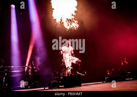 Le Danemark, Roskilde - Juillet 5, 2018. Le rappeur grime Anglais Stormzy effectue un concert live au festival de musique danois Roskilde Festival 2018. (Photo crédit : Gonzales Photo - Kim M Leland). Banque D'Images