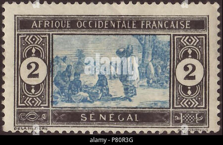 Stamp du Sénégal dans le cadre de l'Afrique occidentale française ('Afrique occidentale française'  = A.O.F.) ; 1914 ; question définitive de la série 'marché' paysages ; * b : Michel : n° 54 (Sénégal) ; référence Yvert et Tellier : No 54 (Sénégal) : Scott : No 80 (Sénégal) Couleur : bleu / noir Filigrane : aucune valeur nominale : 2 centimes (affranchissement) Validité : à partir de mars 1914 jusqu'en 1960 . Mars 1914 (premier numéro de l'horodateur) 344 SEN 1914 MiNr054 mt B002 Banque D'Images