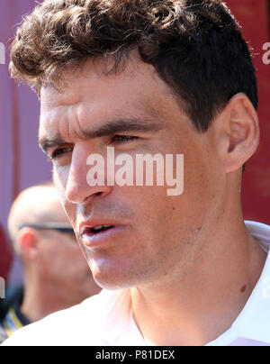 Greg Van Avermaet de BMC avant le début de l'étape 2 du Tour de France à Mouilleron-Saint-Germain. APPUYEZ SUR ASSOCIATION photo. Date de la photo: Dimanche 8 juillet 2018. Voir PA Story CYCLISME Tour. Le crédit photo devrait se lire comme suit : Ian Parker/PA Wire. Banque D'Images