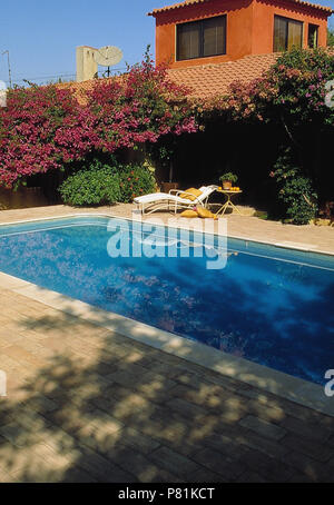 Sur le mur au-dessus de bougainvillées rose turquoise piscine dans jardin d'Portuguest terre cuite peint villa Banque D'Images