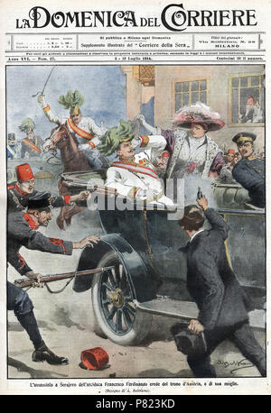 Anglais : La première page de l'édition de La Domenica del Corriere, un papier italien, avec un dessin d'Achille Beltrame représentant Gavrilo Princip tue l'archiduc François Ferdinand d'Autriche à Sarajevo : Fantasiezeichnung Deutsch Italiano : L'assassinio un Sarajevo dell'Arciduca Francesco Ferdinando erede al trono d'Autriche, e di sua moglie. 12 juillet 1914 103 DC-1914-27-d-Sarajevo Banque D'Images