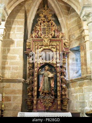 L'Espagne, la Galice, province de La Corogne, Betanzos. Église de Santiago. Église gothique construite au 15ème siècle par Fernan Perez de Andrade. Sculpture dédiée à saint Marc l'Évangéliste. Banque D'Images