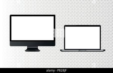 Illustration vectorielle Stock série réaliste personal ordinateur de bureau professionnel, PC, ordinateur portable isolé sur un fond à damier transparent. D'éboulis blanc Illustration de Vecteur
