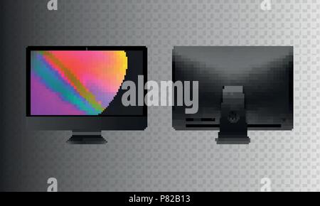 Stock vector illustration realistic set personal professional desktop computer. Modern flat screen monitor. Back side computer display isolated on a transparent background. Wallpapers on the screen. Illustration de Vecteur
