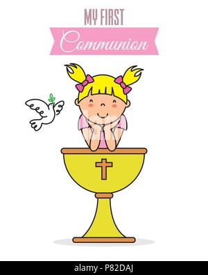 Carte de ma première communion. Petite fille avec un calice Illustration de Vecteur