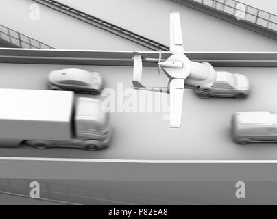 Le rendu de l'ombrage de l'argile de futuristic voiture volante survolant embouteillage dans l'autoroute. Le rendu 3D image. Banque D'Images