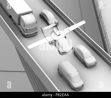 Le rendu de l'ombrage de l'argile de futuristic voiture volante survolant embouteillage dans l'autoroute. Le rendu 3D image. Banque D'Images